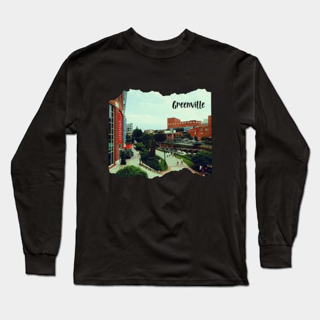 Photo of Greenville South Carolina skyline blue sky sunset USA city break Long Sleeve T-Shirt by BoogieCreates